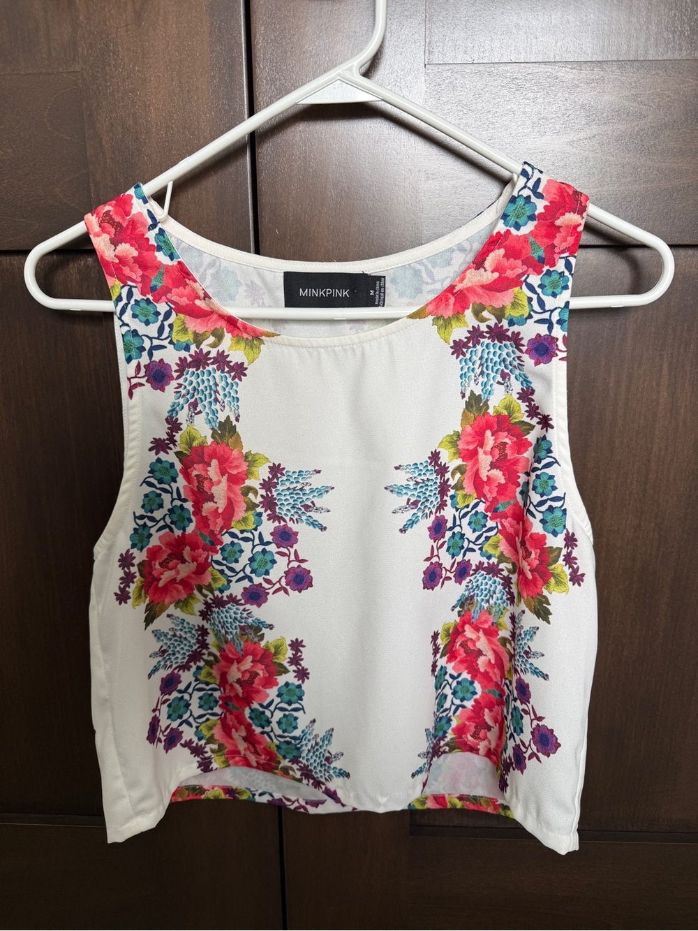 MINKPINK White Floral Print Sleeveless Crop Tank, Size Medium
